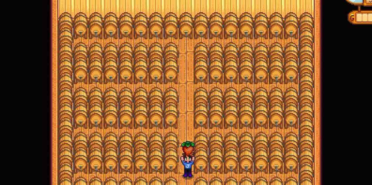 Stardew valley Beaucoup de fûts à l'intérieur d'un hangar