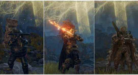 Elden Ring collage - giant crusher, flaming claymore, and Greatsword