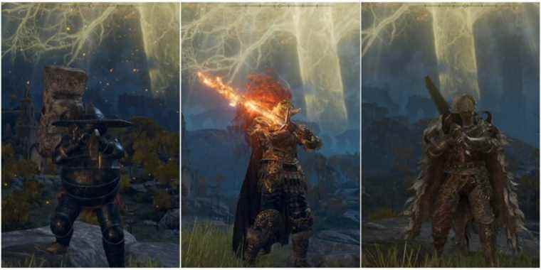 Elden Ring collage - giant crusher, flaming claymore, and Greatsword