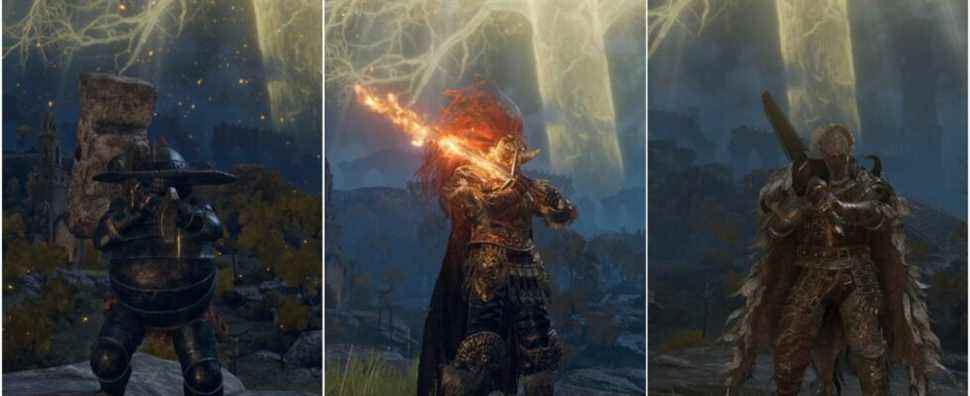 Elden Ring collage - giant crusher, flaming claymore, and Greatsword