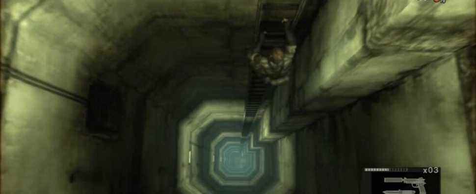 Snake climbing up a ladder in Metal Gear Solid 3