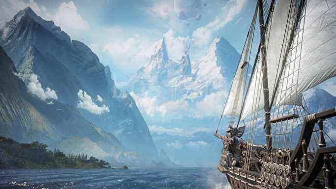 Un navire dans Lost Ark, naviguant vers l'horizon.