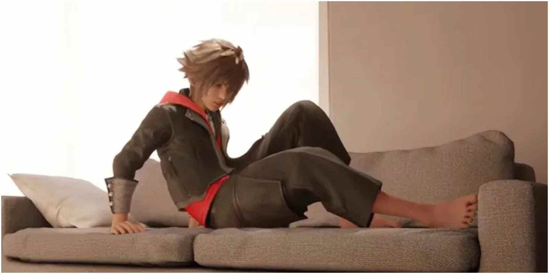 Sora on couch in trailer. 