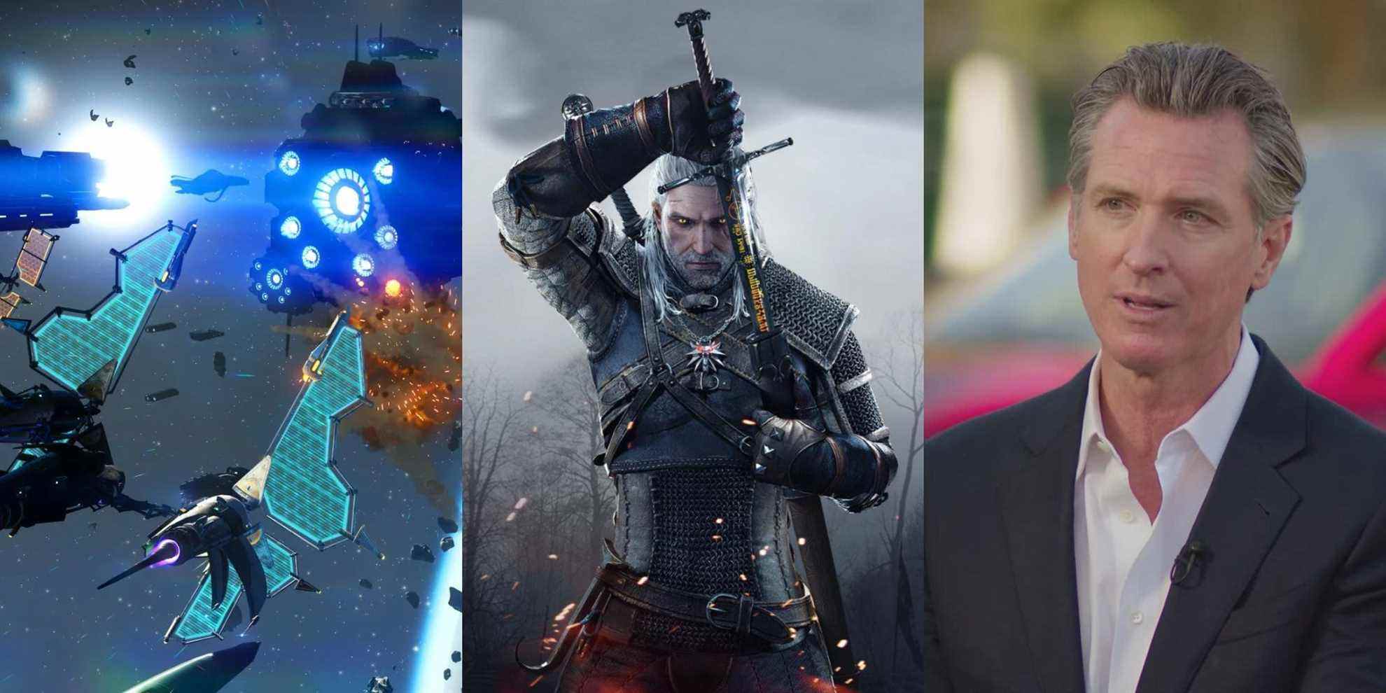 Ships fighting in No Mans Sky, Geralt from The Witcher 3, and California governer Gavin Newsom