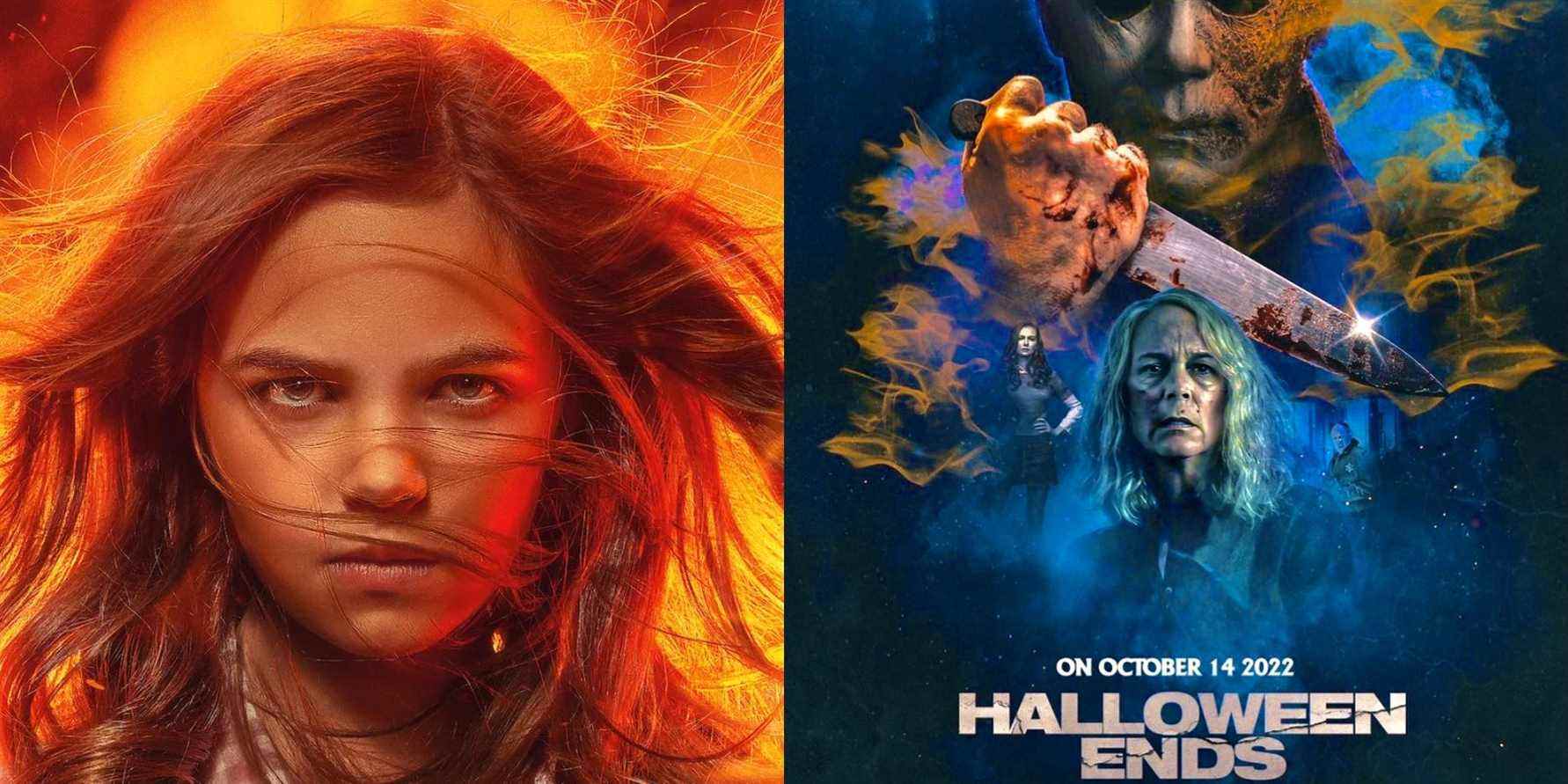 Split image of Firestarter (2022 remake) and Halloween Ends (2022) poster