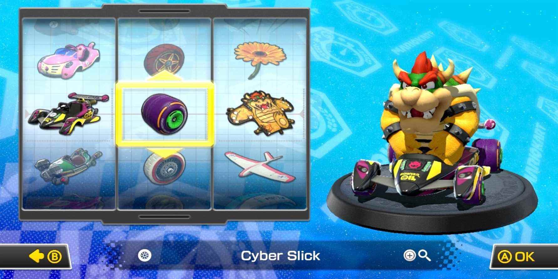 Bowser customizing a kart in Mario Kart 8 Deluxe