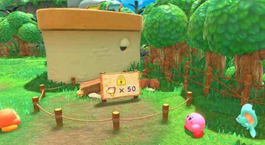 Kirby, Elfilin, and a Waddle Dee looking at the future site of Kirby's house in Kirby and the Forgotten Land's Waddle Dee Town