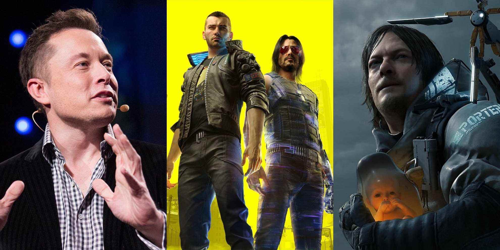 Elon Musk, V and Johnny from Cyberpunk 2077, and Sam Bridges from Death Stranding