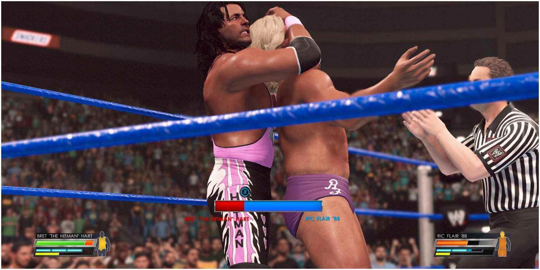 WWE 2k22 Bret Hart frappe une prise dormante sur Flair