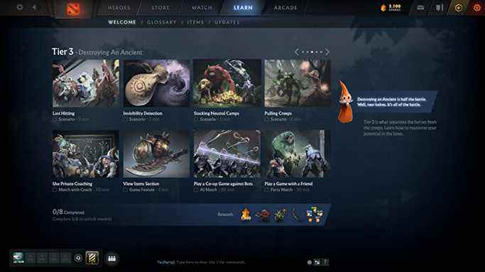 Une capture d'écran Dota 2 montrant une sélection des nouveaux tutoriels.