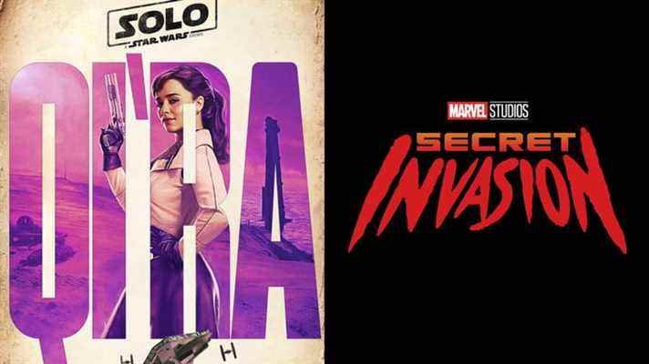 Image divisée de Qi'ra dans une affiche promotionnelle Solo et le logo Secret Invasion du MCU