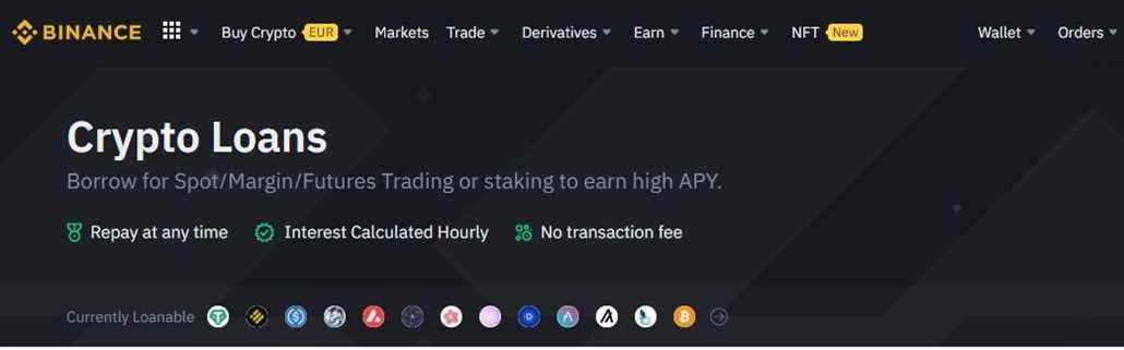 Une image montrant les options de prêts cryptographiques de Binance