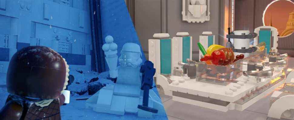 Split image of Han-Solo shooting a snowman and of the Cloud City dining room