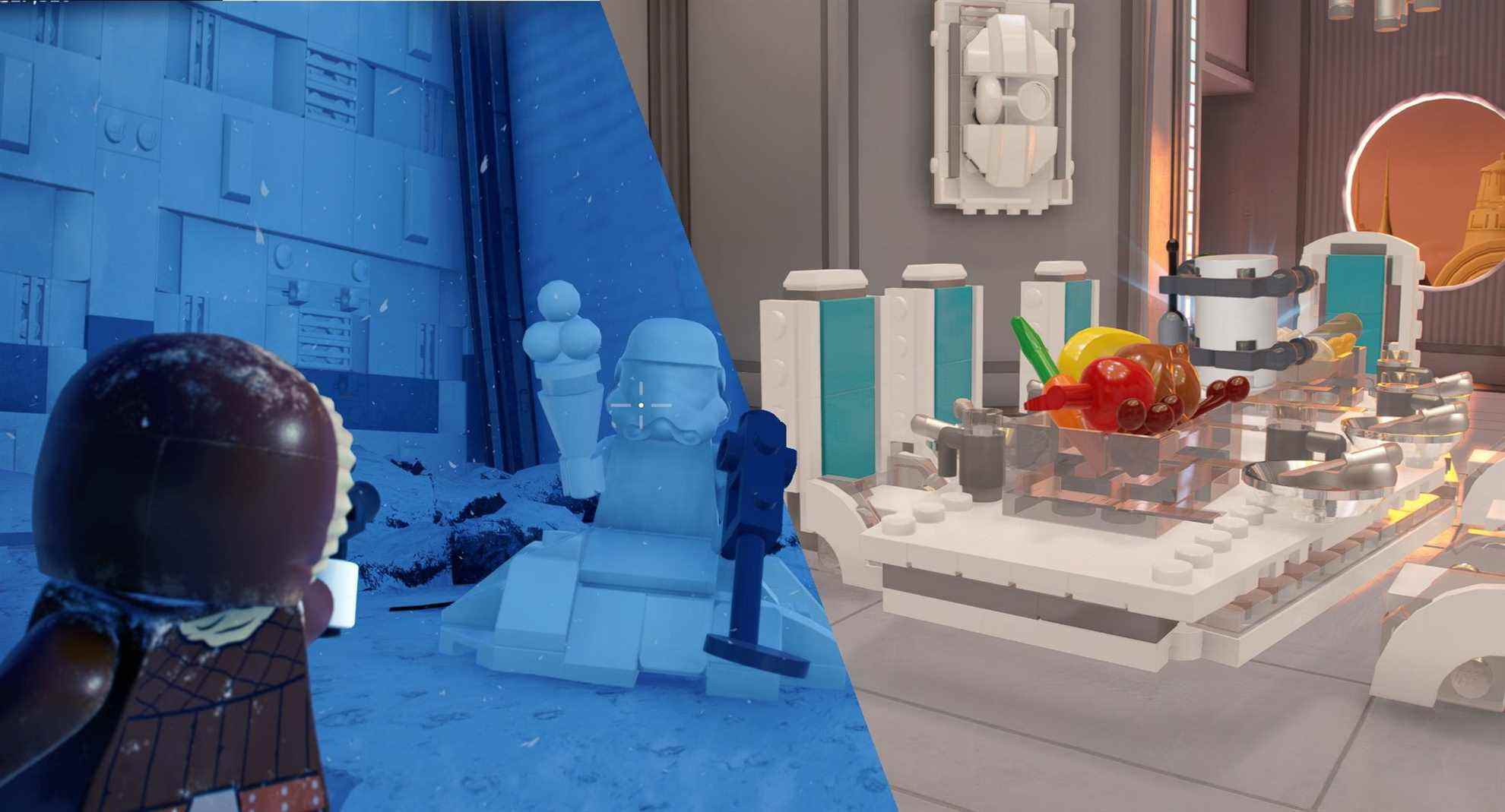 Split image of Han-Solo shooting a snowman and of the Cloud City dining room 