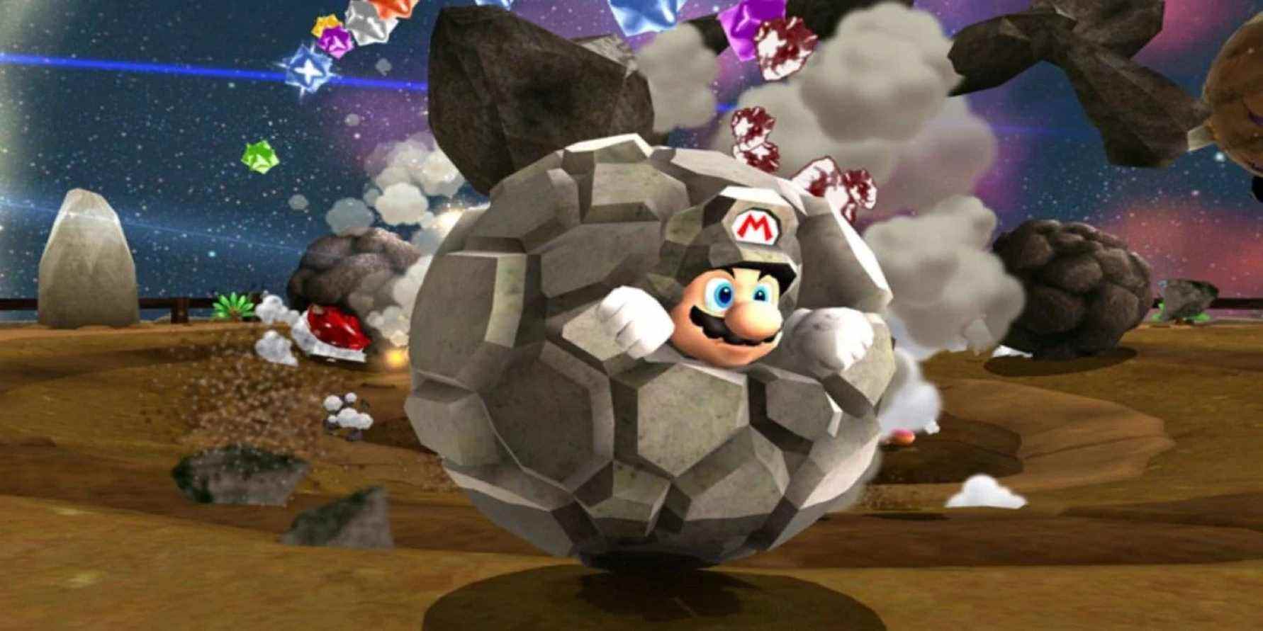 Rock Mario destroying an obstacle in a Super Mario Galaxy 2 level