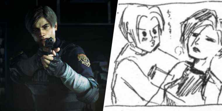 Leon Kennedy and concept art of Leon kissing Ada Wong