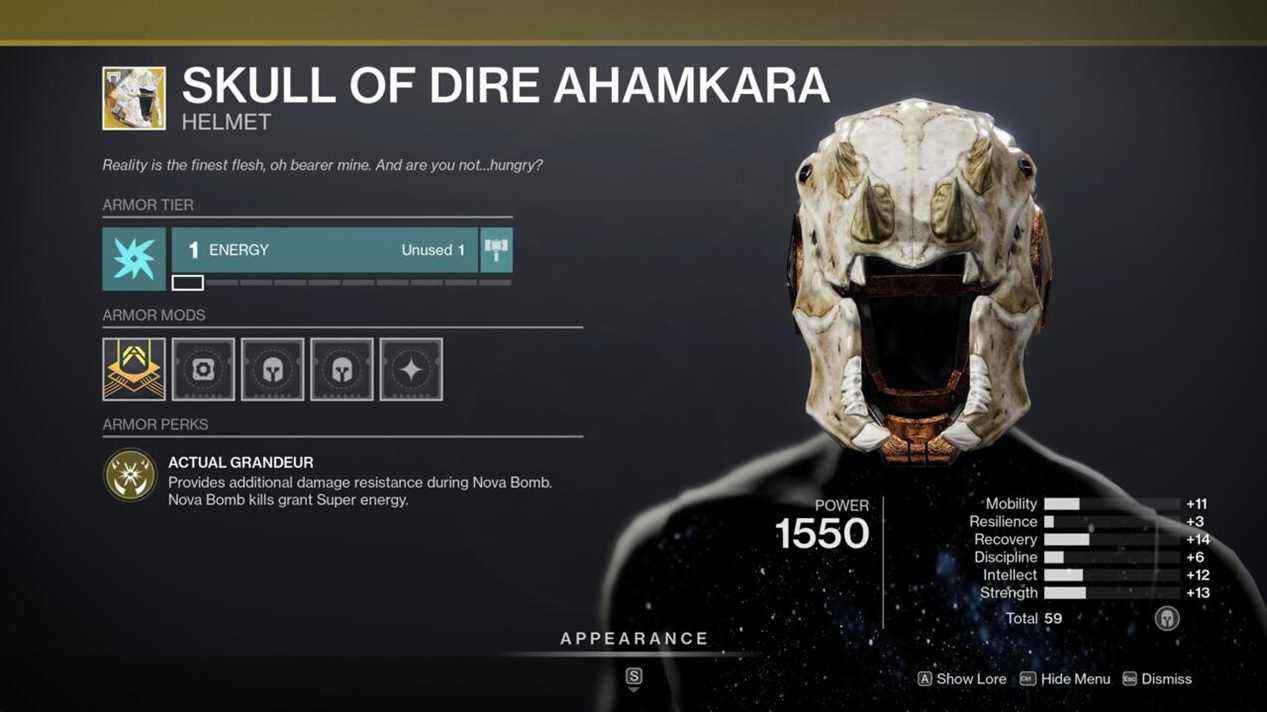 Le crâne de Dire Ahamkara aide les Warlocks à attaquer les Nova Bombs pour récupérer leurs Supers un peu plus rapidement.