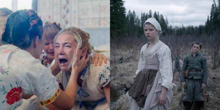 Split image of Dani (Florence Pugh) in Midsommar and Thomasin (Anna Taylor-Joy) in The Witch