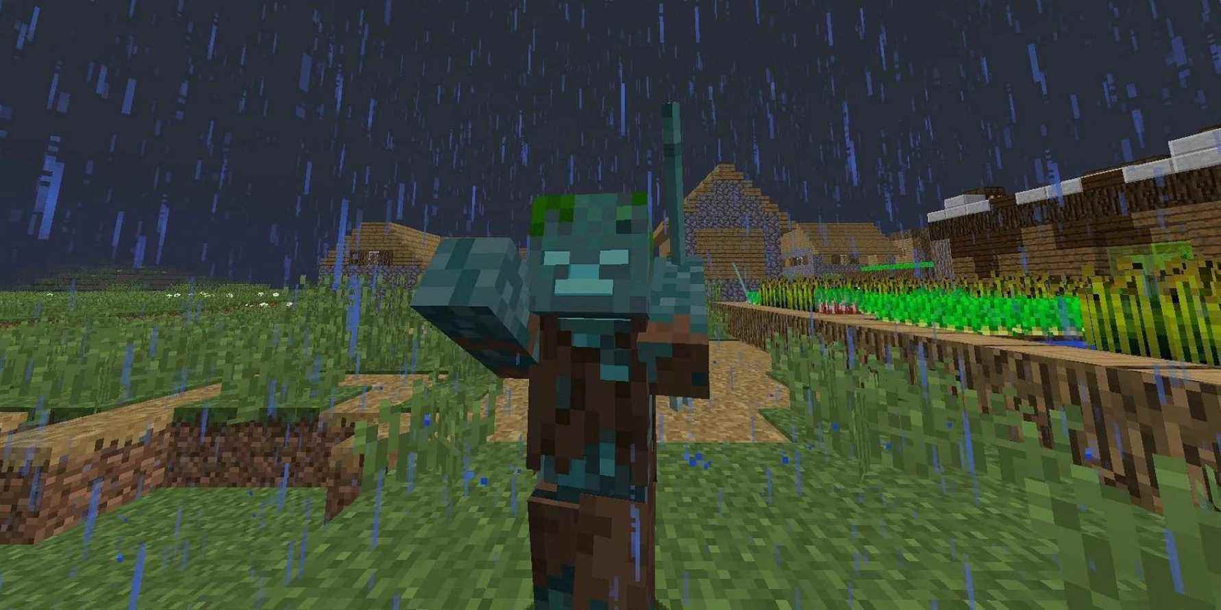 A Drowned zombie standing in a Minecraft village during a rainy night