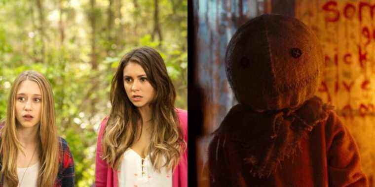 Split image of Taissa Farmiga and Nina Dobrev in The Final Girls and Sam in Trick 'r Treat