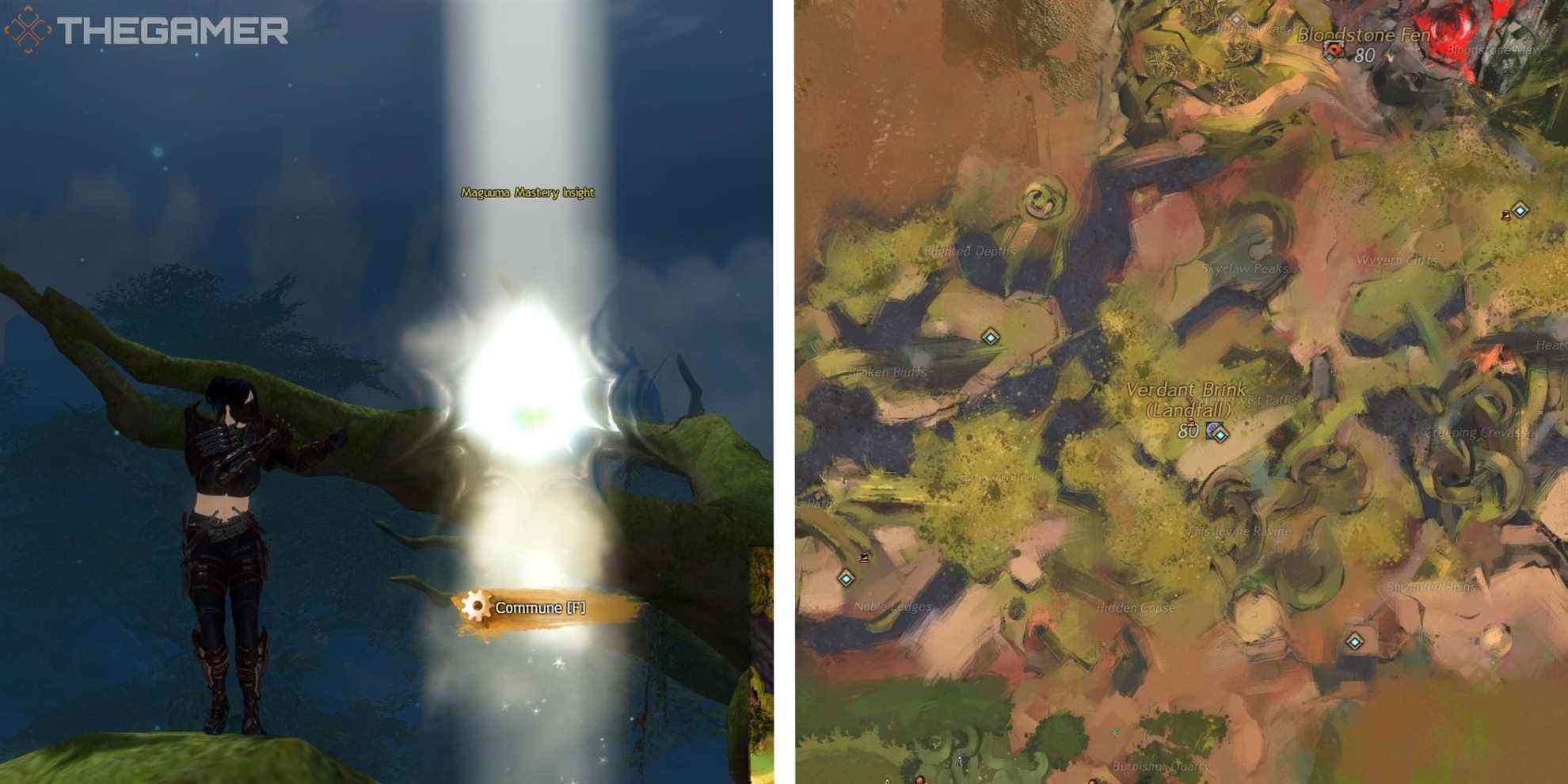 image of player dancing next to mastery insight, next to image of verdant brink map