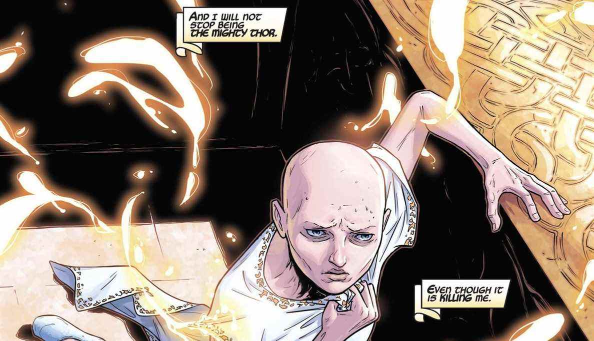 Jane Foster, mortelle, frêle d'un cancer, s'effondre sur le sol.  