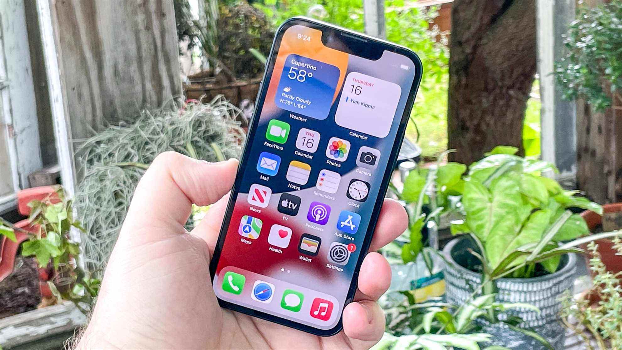 mini-écran iphone 13 à la main avec des plantes en arrière-plan