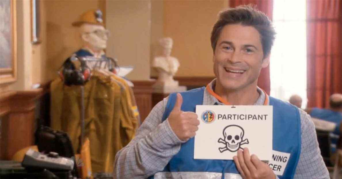 Rob Lowe is super optimistic despite the skull sign he's holding in Parks and Rec