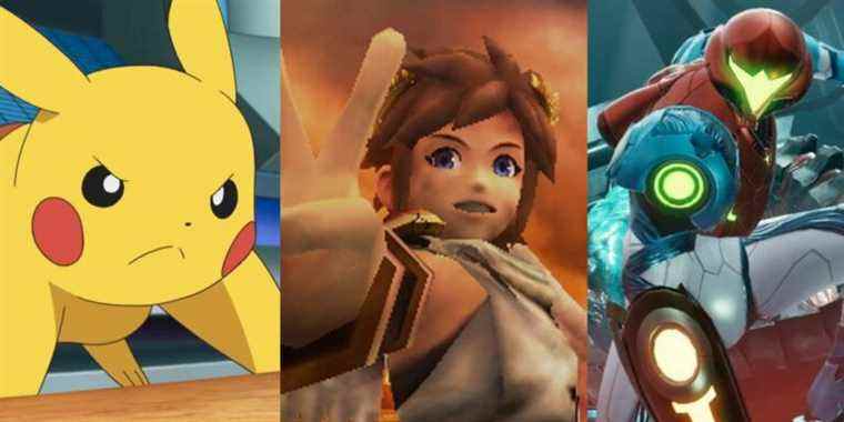 Pikachu taking a battle stance from the Pokemon anime; A dirtied Pit holding up a V for Victory sign in Kid icarus uprising; Samus surrounded by enemies in a Metroid Dread cinematic