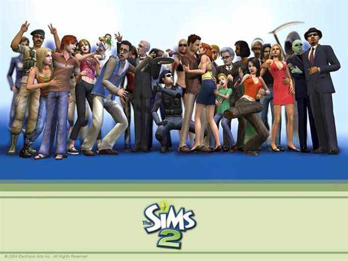 l'en-tête promotionnel pour les sims 2, avec une grande variété de sims