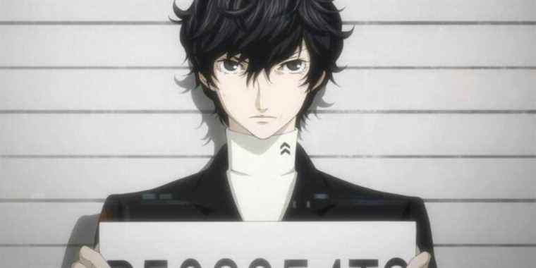 Joker under arrest and taking a mugshot at the start of Persona 5