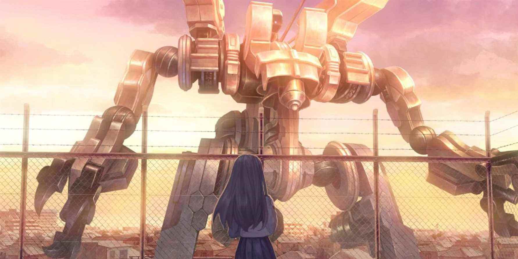 Megumi Yakushiji de 13 Sentinels debout sur un toit, regardant le gigantesque robot Sentinel debout dans la ville en contrebas.  Il la domine.