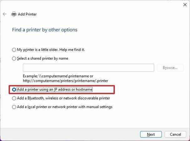 Ajouter une imprimante à l'aide de l'adresse TCP/IP ou du nom d'hôte