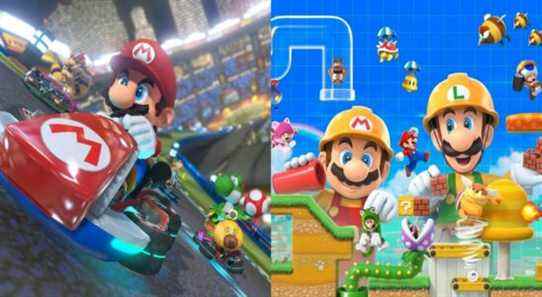 Mario, Bowser, and Yoshi racing in Mario Kart 8 Deluxe with Mario and Luigi in Super Mario Maker 2 art