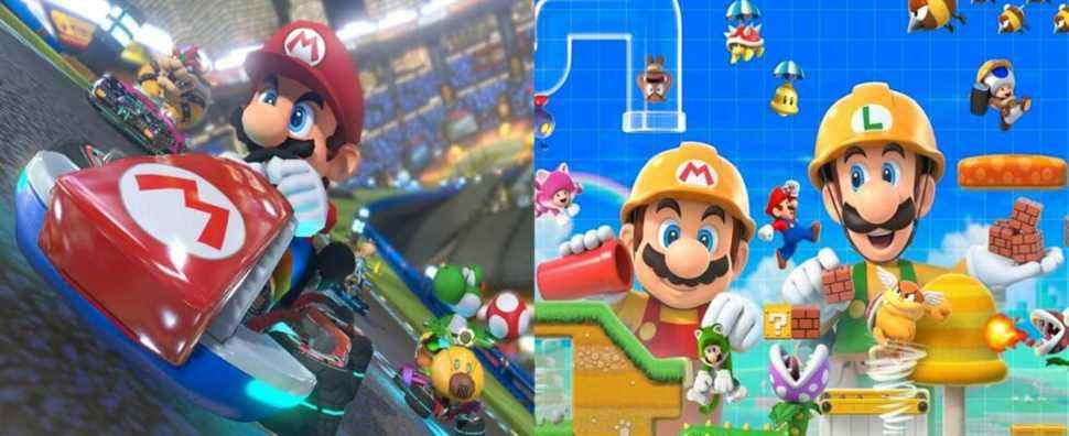 Mario, Bowser, and Yoshi racing in Mario Kart 8 Deluxe with Mario and Luigi in Super Mario Maker 2 art