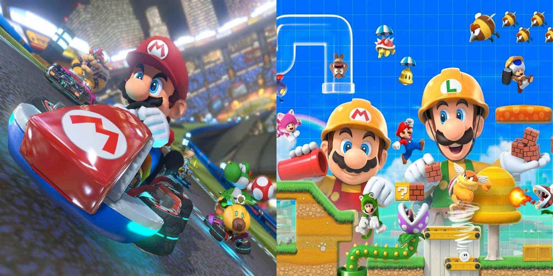 Mario, Bowser, and Yoshi racing in Mario Kart 8 Deluxe with Mario and Luigi in Super Mario Maker 2 art