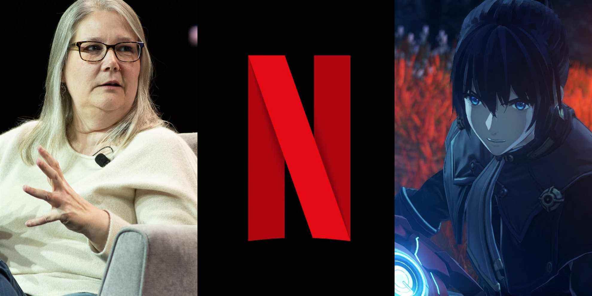 Amy Hennig, the Netflix logo, and a character from Xenoblade 3