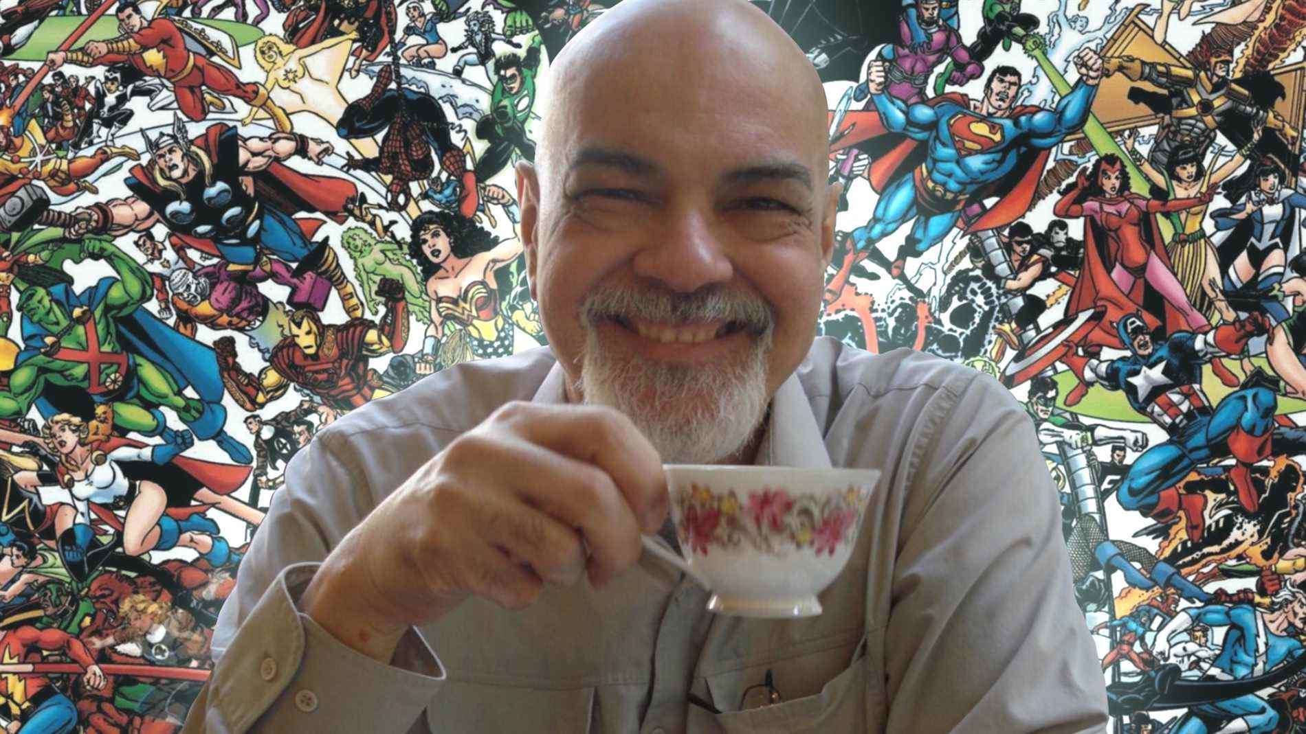 Photo de George Pérez avec l'aimable autorisation de l'artiste dans un collage avec des œuvres d'art de JLA/Avengers