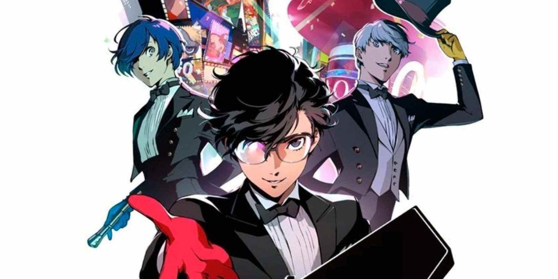 Les protagonistes de Persona 3, Persona 4 et Persona 5 portant des smokings