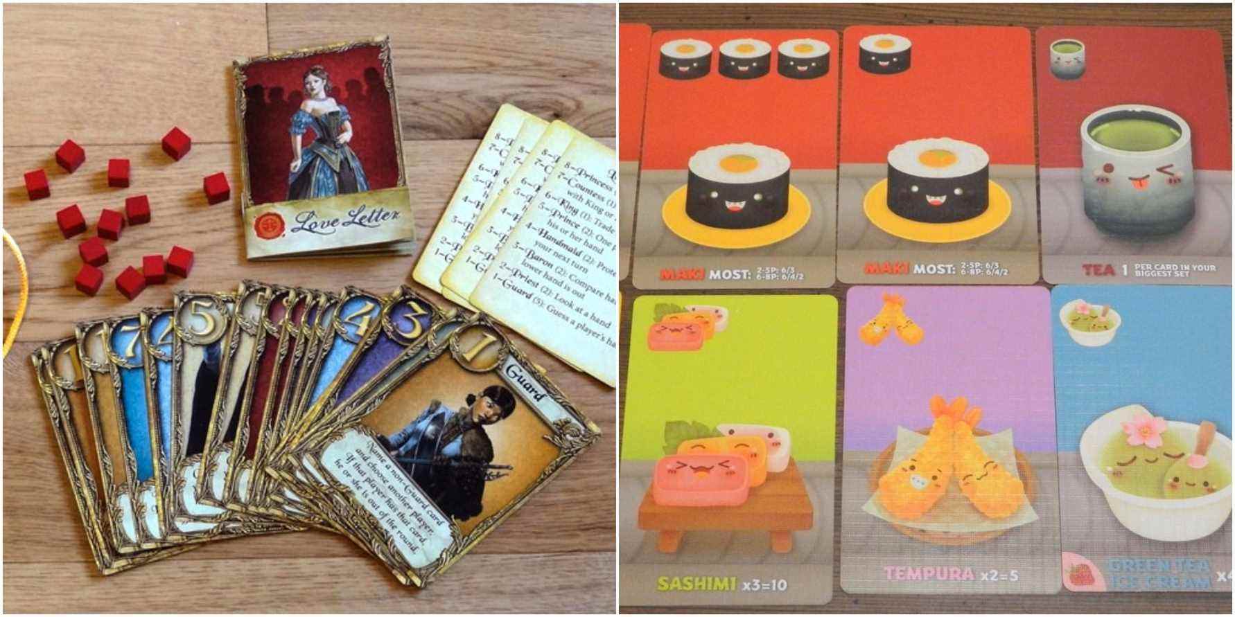 (Left) Love Letter tokens and cards (Right) Sushi Go cards