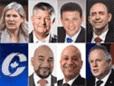 Candidats à la direction conservatrice dans le sens des aiguilles d'une montre à partir du haut à gauche : Leona Alleslev, Scott Aitchison, Roman Baber, Joseph Bourgault, Marc Dalton, Joel Etienne et Bobby Singh.