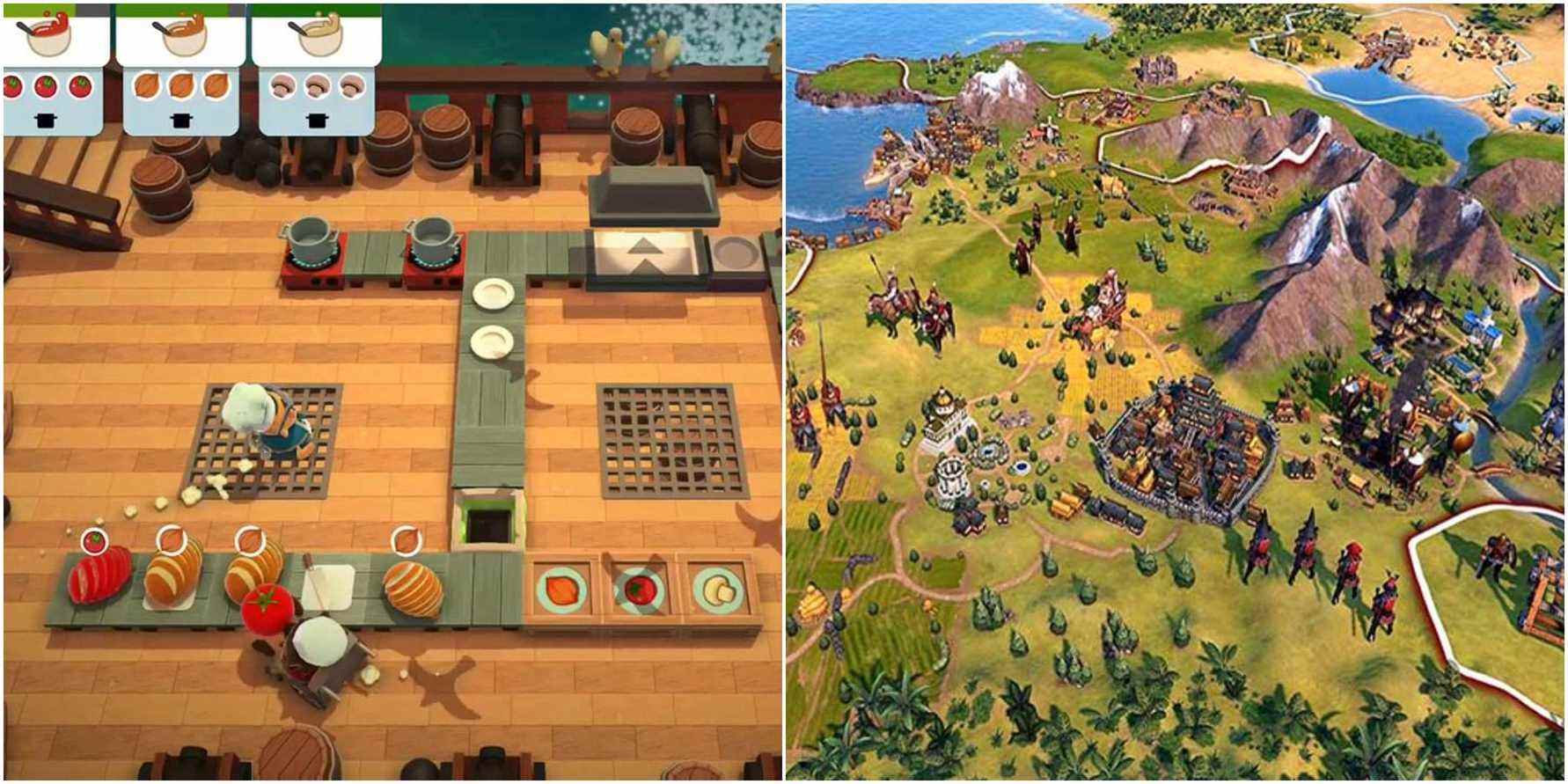 (Left) Overcooked gameplay (Right) City in Civilization 6