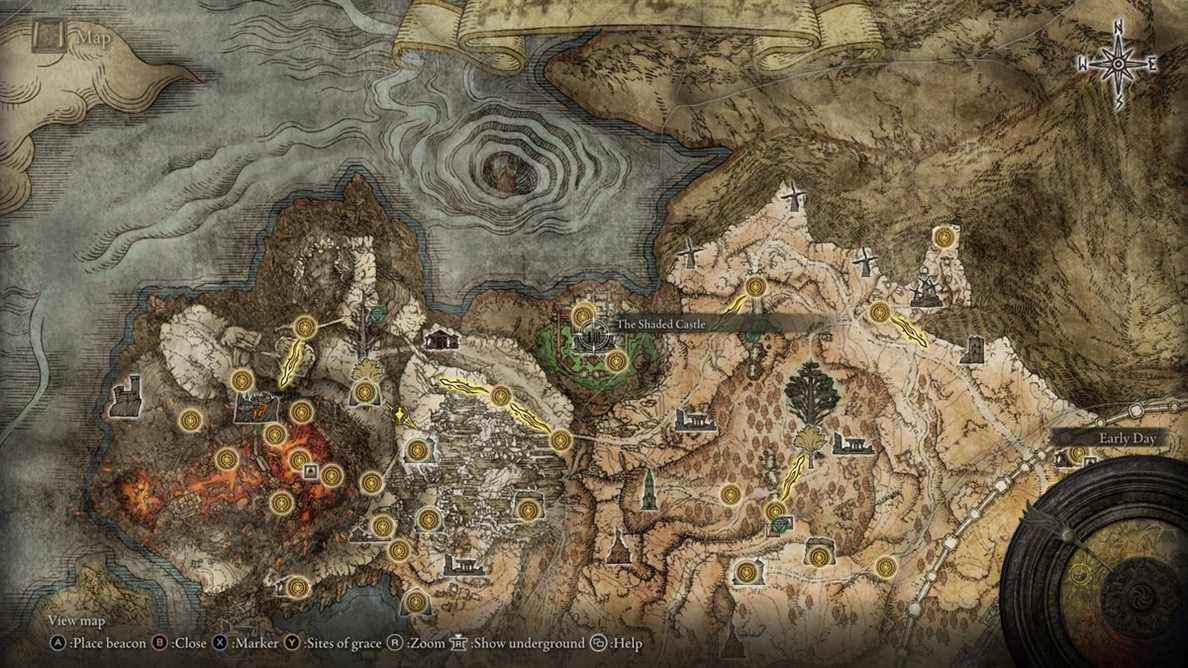 La carte d'Elden Ring, montrant l'emplacement de Shaded Castle.