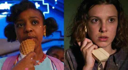 Split image of Erica Sinclair (Priah Ferguson) and Eleven (Millie Bobby Brown) on Stranger Things