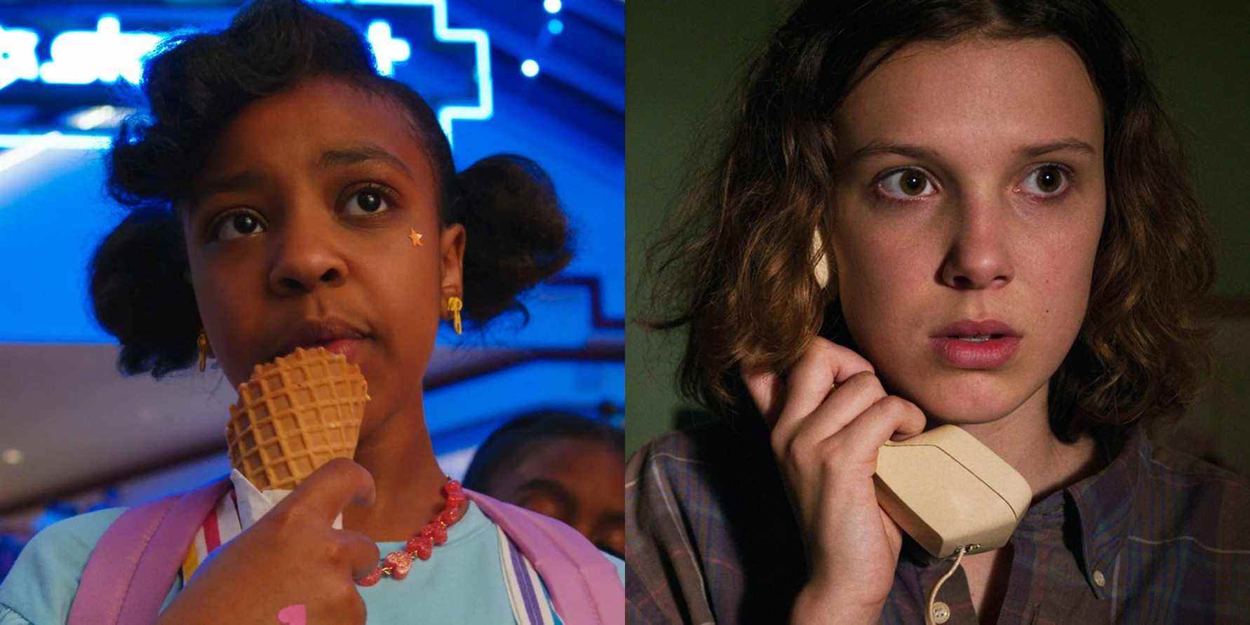 Split image of Erica Sinclair (Priah Ferguson) and Eleven (Millie Bobby Brown) on Stranger Things