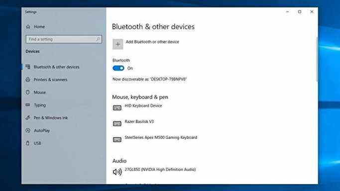 Une capture d'écran de la page des paramètres Bluetooth de Windows 10.