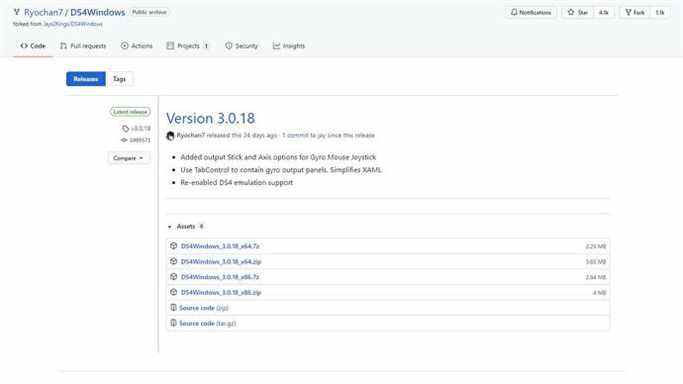 Une capture d'écran de la page de téléchargement DS4Windows sur GitHub.