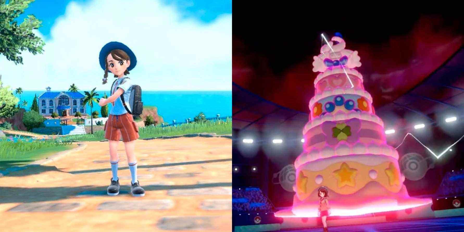 Pokemon Scarlet and Violet protagonist with a Gigantimax Alcremie in Pokemon Sword and Shield