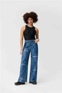 Denim laser imprimé Laser Denim brodé taille mi-taille ceinture pantalon