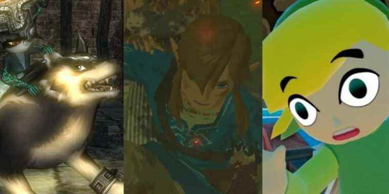 Midna riding Wolf Link in Twilight Princess; A dirtied Link kneeling in battle in BOTW; A shocked Toon Link on a boat in Wind Waker